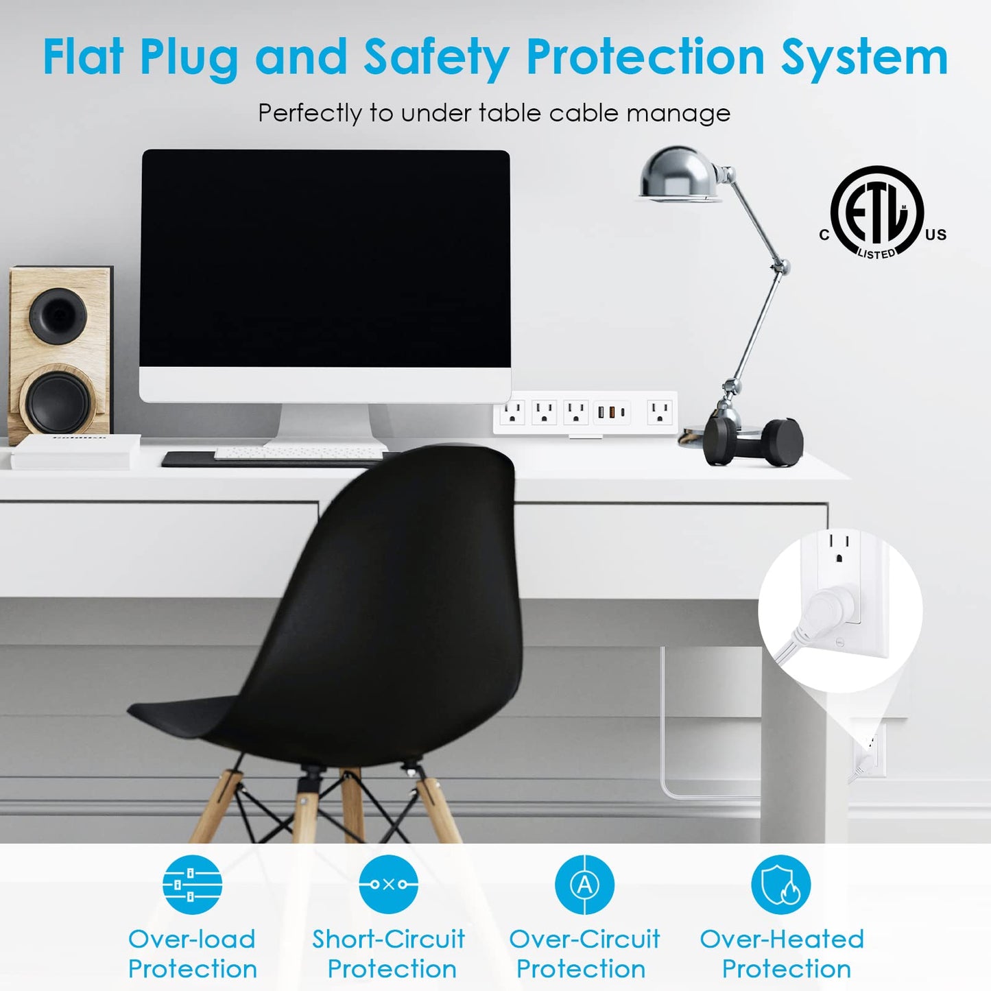 CCCEI Desk Clamp Power Strip with USB-A and USB-C Ports, Desktop Mount Surge Protector 1200J, Widely Spaced Desk Outlet Station, Fast Charging, 6 FT Flat Plug, Fit 1.9 inch Tabletop Edge. (Black)