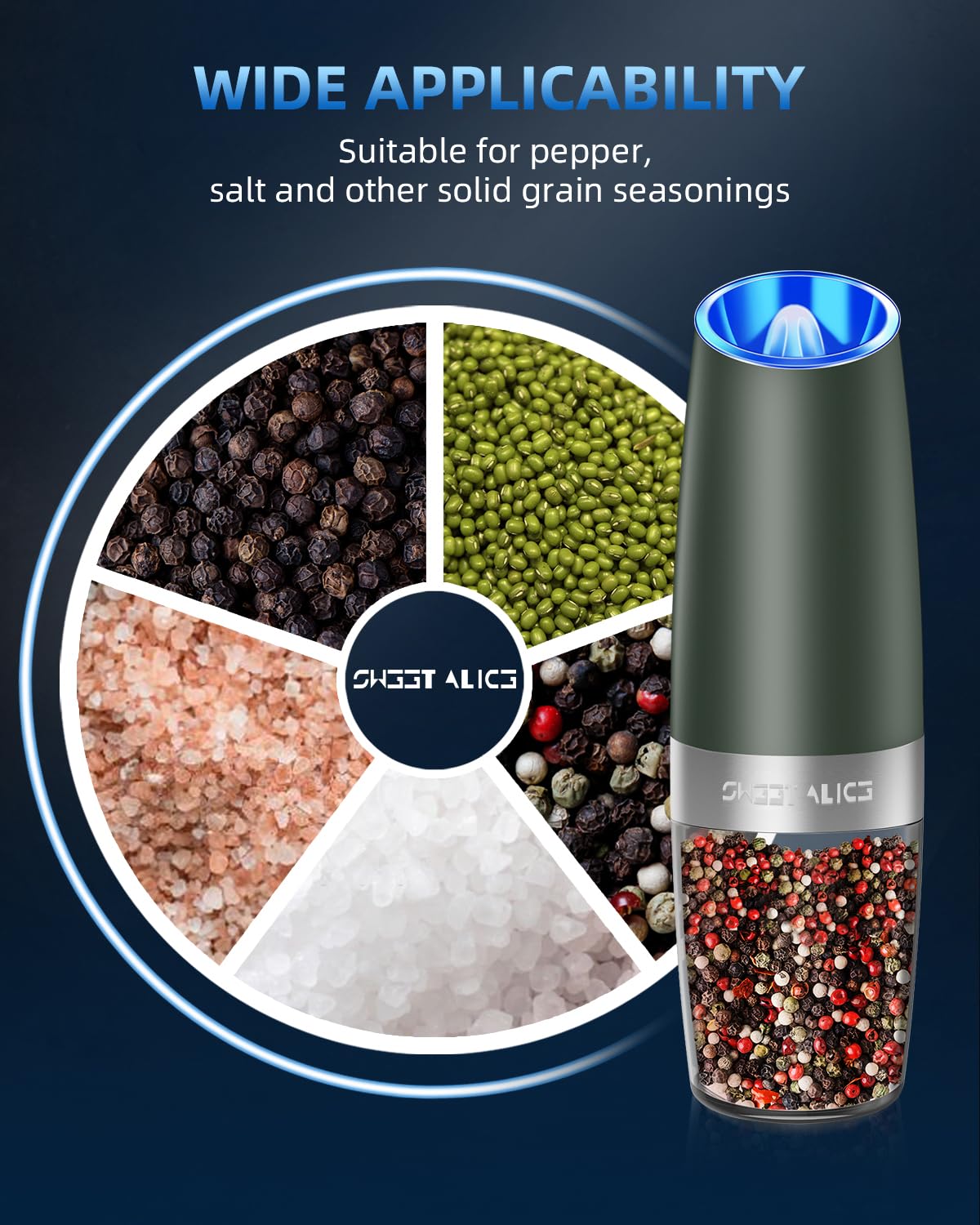 Gravity Electric Pepper and Salt Grinder Set, Salt and Pepper Mill & Adjustable Coarseness, Battery Powered with LED Light, One Hand Automatic Operation, Stainless Steel (Set/Silver)