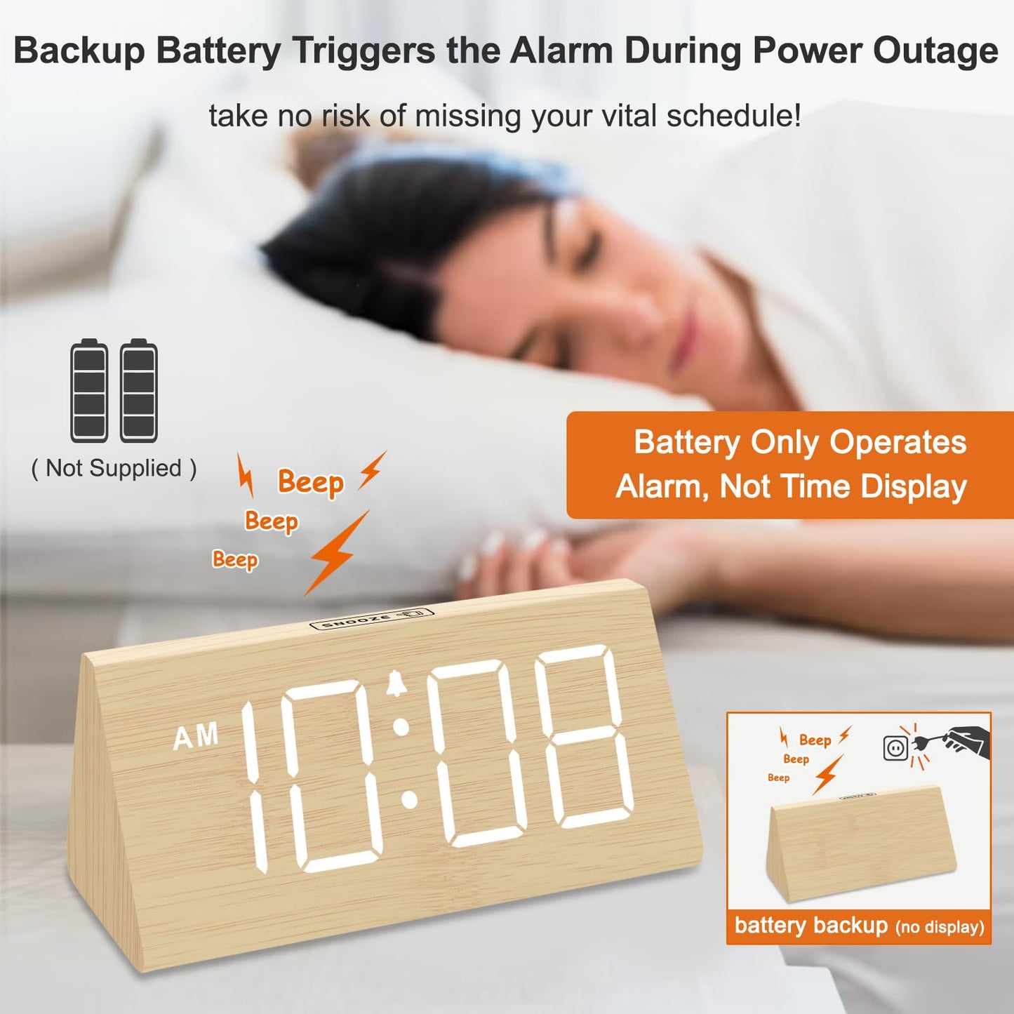 DreamSky Wooden Digital Alarm Clocks for Bedrooms - Electric Desk Clock with Large Numbers, USB Port, Loud Alarm for Heavy Sleepers, Adjustable Volume, Dimmer, Snooze, DST, 12/24H, Wood Décor (Brown)