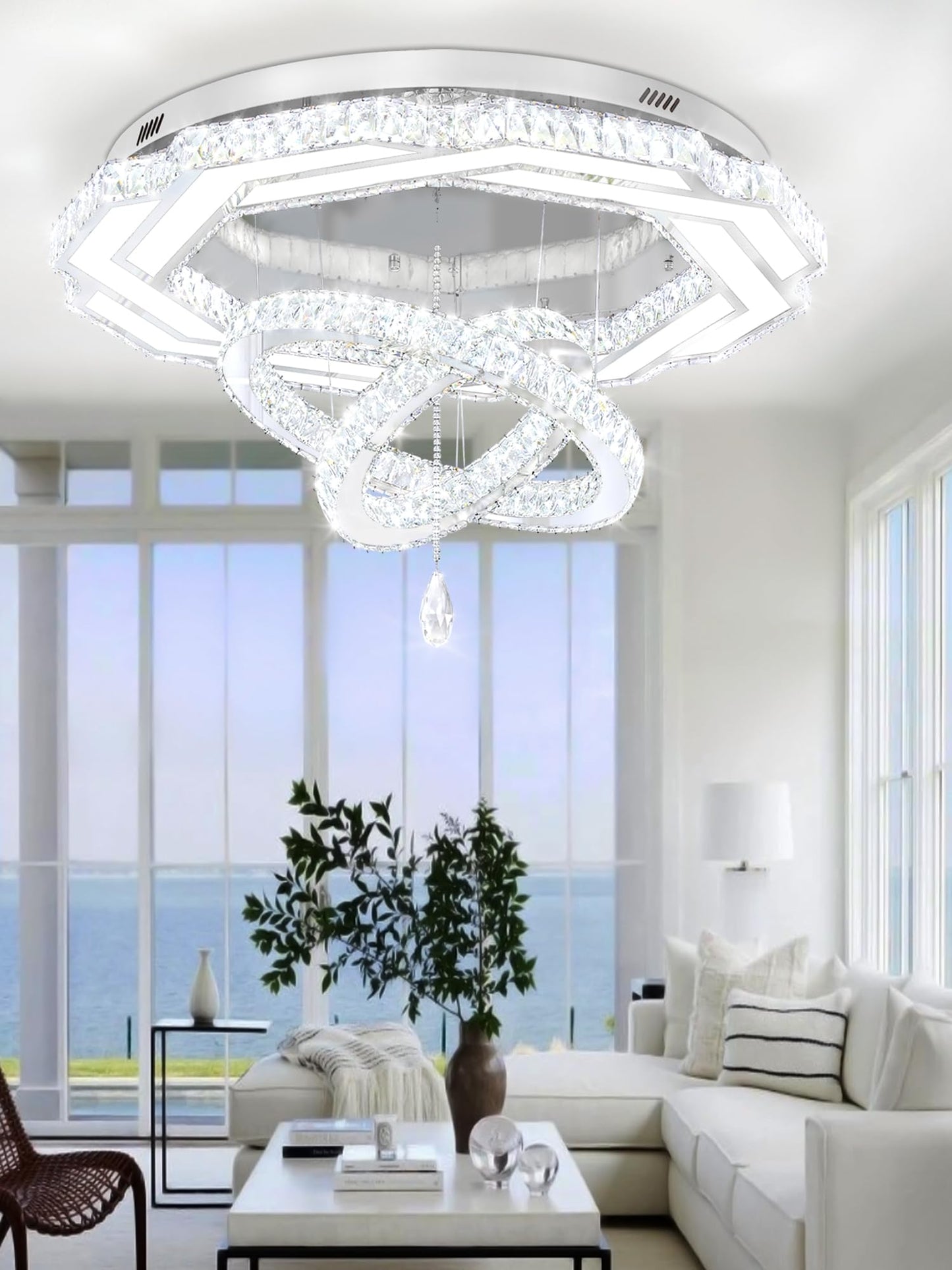 Flashing God Crystal Chandeliers Dia 32" Silver Elegant Chandelier Flush Mount Ceiling Light for Bedroom Living Room Dining Room Hallway Dimmable 3 Rings LED Celing Lighting Fixtures