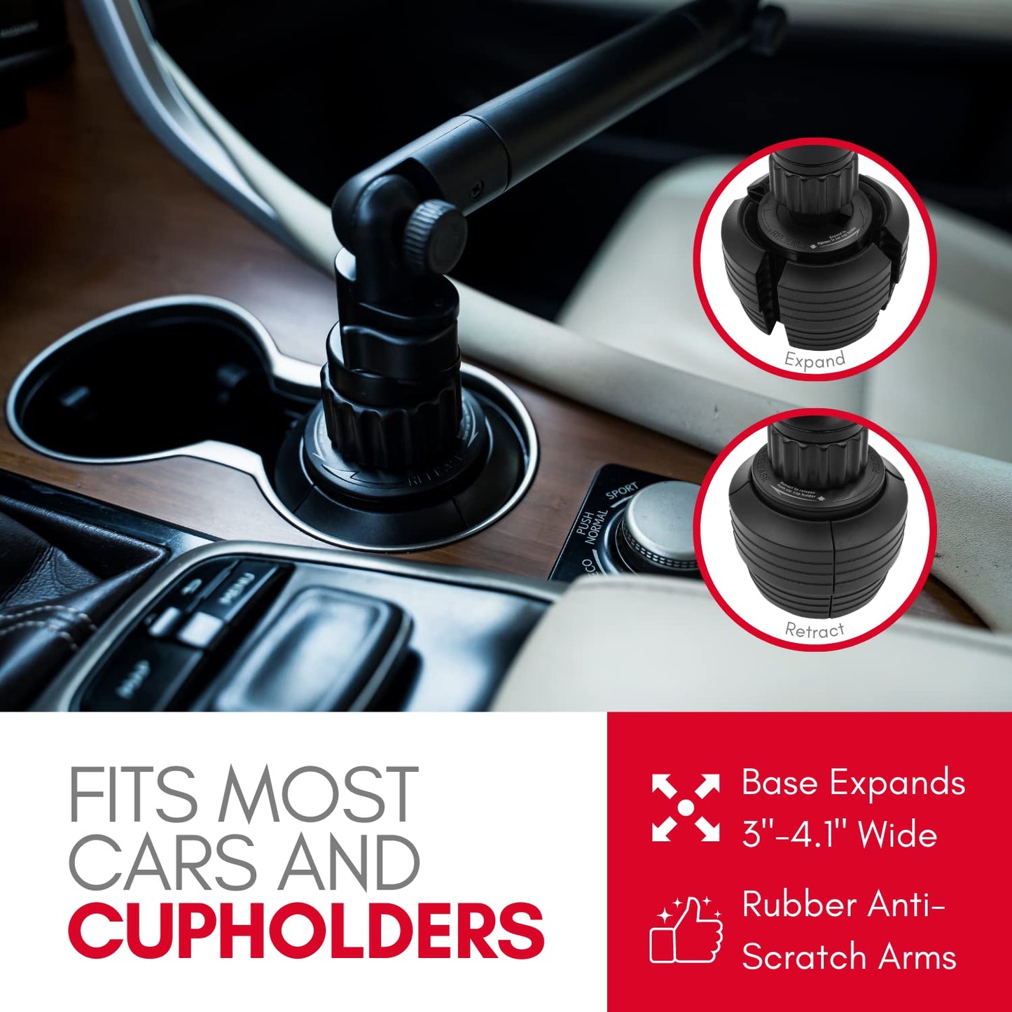 Macally Cup Holder Tray for Car - Adjustable Car Tray Table - Perfect Car Food Tray for Eating with Phone Slot and Swivel Arm - Car Organizer