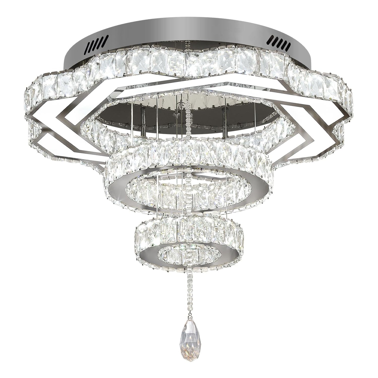 Flashing God Crystal Chandeliers Dia 32" Silver Elegant Chandelier Flush Mount Ceiling Light for Bedroom Living Room Dining Room Hallway Dimmable 3 Rings LED Celing Lighting Fixtures