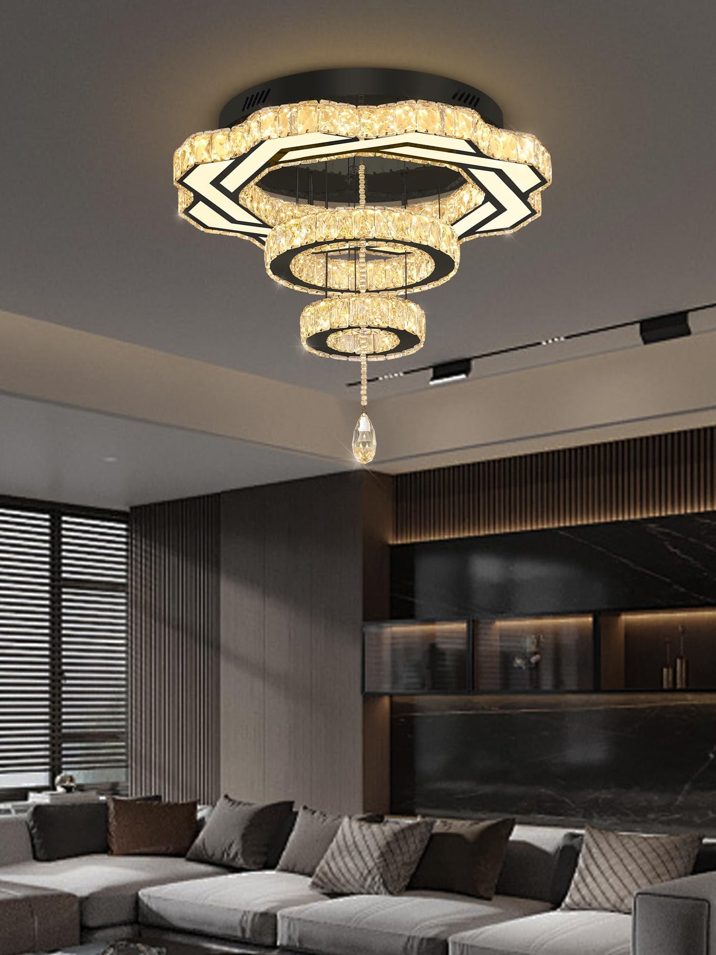 Flashing God Crystal Chandeliers Dia 32" Silver Elegant Chandelier Flush Mount Ceiling Light for Bedroom Living Room Dining Room Hallway Dimmable 3 Rings LED Celing Lighting Fixtures