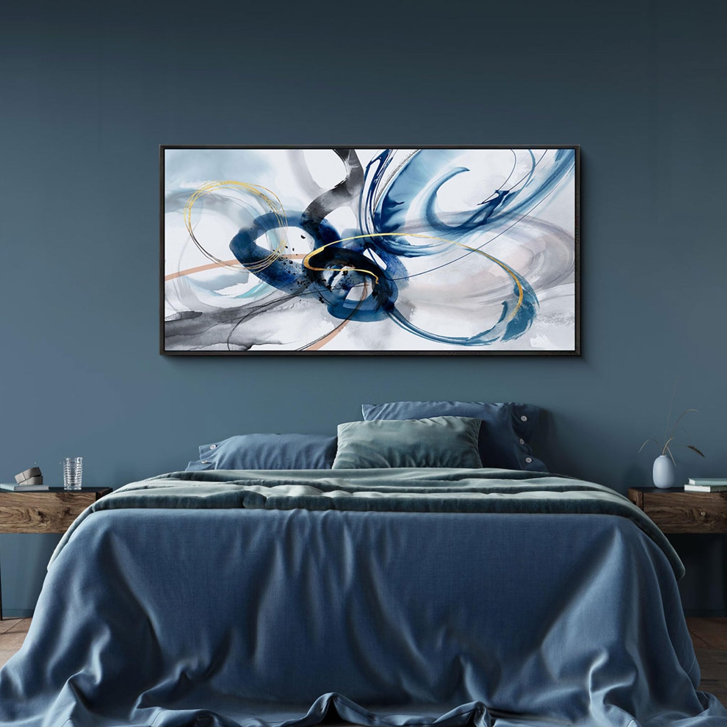 yiijeah Wall Art for Living Room - Framed Picture Artwork for Walls - Blue Wall Art 24x48 Inches Contemporary Abstract Wall Art Prints Canvas Painting Large Size Wall Art for Bedroom Office
