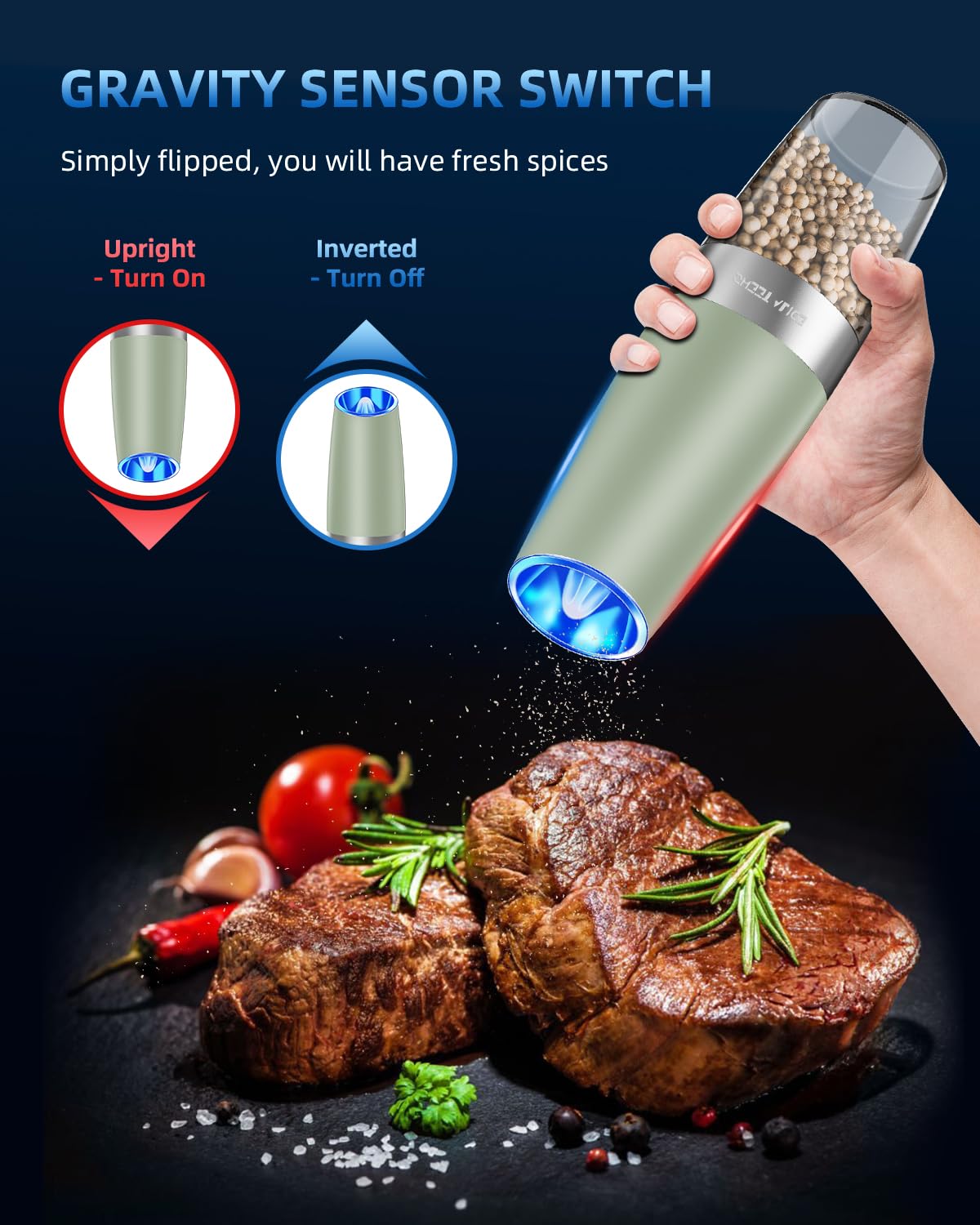 Gravity Electric Pepper and Salt Grinder Set, Salt and Pepper Mill & Adjustable Coarseness, Battery Powered with LED Light, One Hand Automatic Operation, Stainless Steel (Set/Silver)