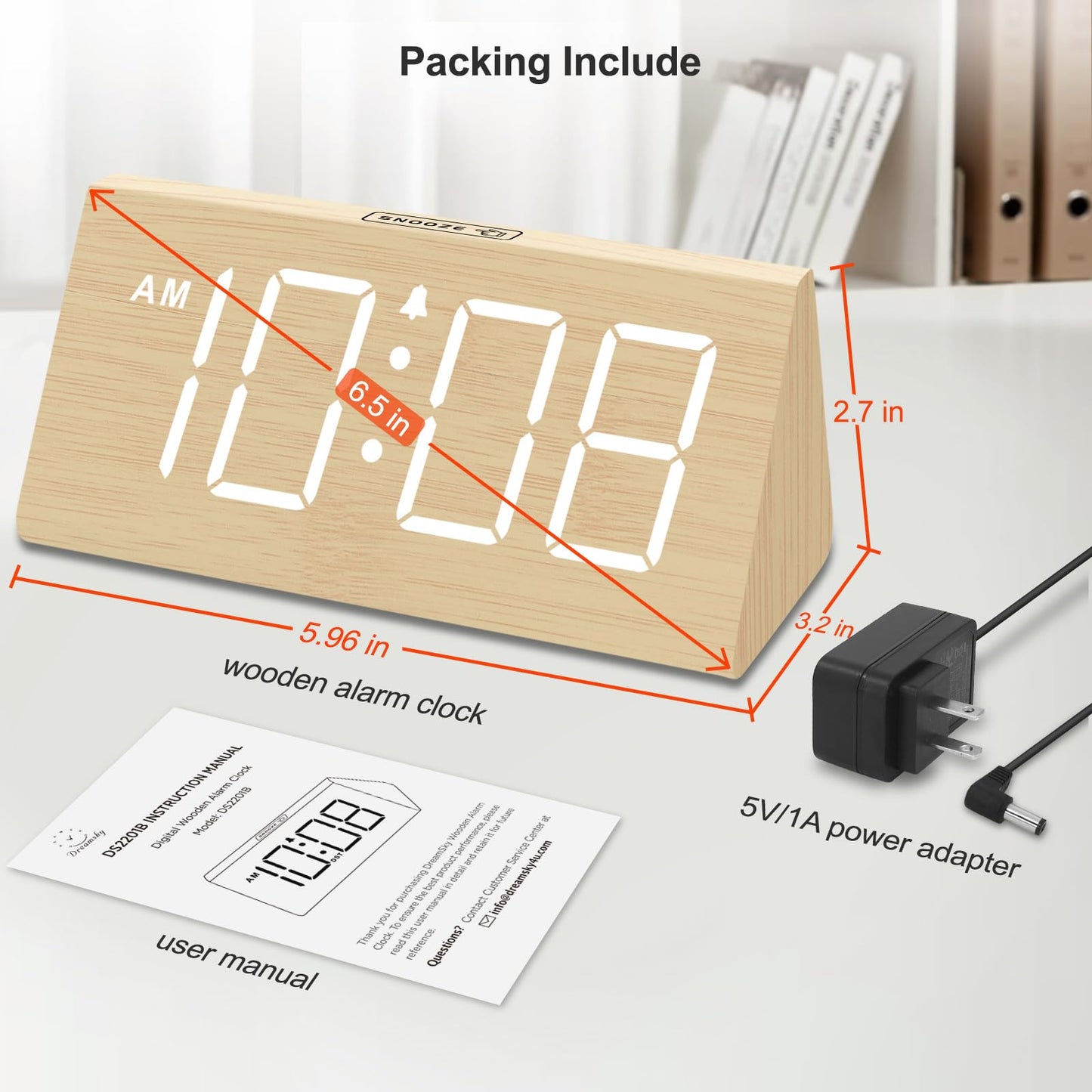 DreamSky Wooden Digital Alarm Clocks for Bedrooms - Electric Desk Clock with Large Numbers, USB Port, Loud Alarm for Heavy Sleepers, Adjustable Volume, Dimmer, Snooze, DST, 12/24H, Wood Décor (Brown)