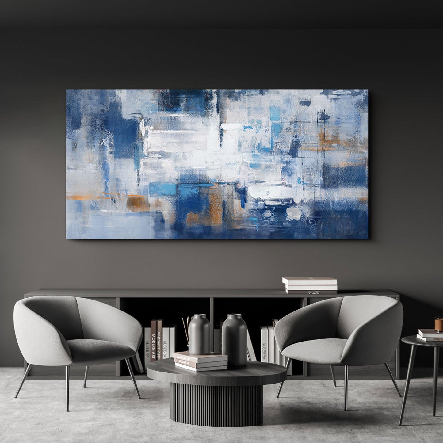 yiijeah Wall Art for Living Room - Framed Picture Artwork for Walls - Blue Wall Art 24x48 Inches Contemporary Abstract Wall Art Prints Canvas Painting Large Size Wall Art for Bedroom Office