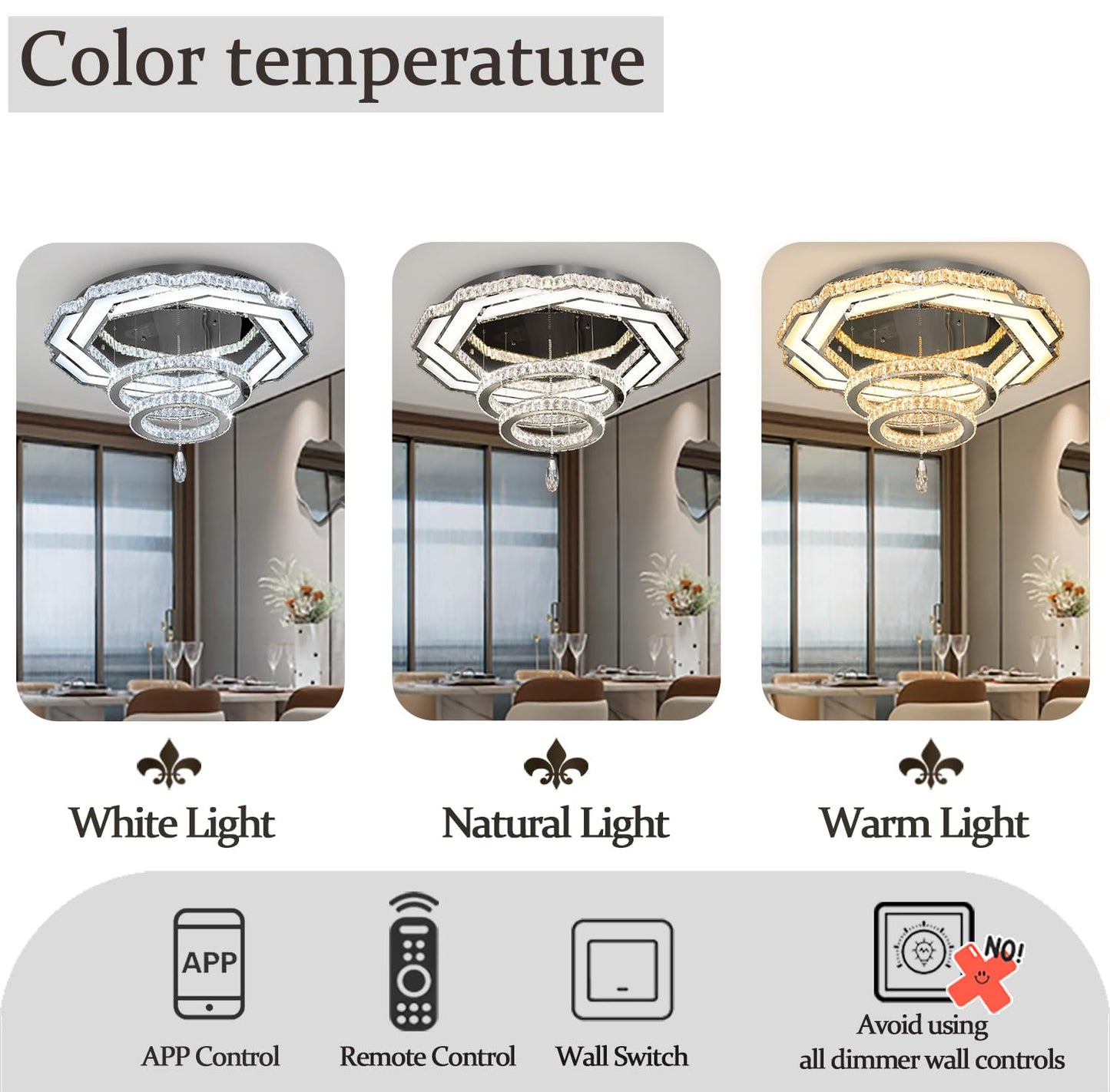 Flashing God Crystal Chandeliers Dia 32" Silver Elegant Chandelier Flush Mount Ceiling Light for Bedroom Living Room Dining Room Hallway Dimmable 3 Rings LED Celing Lighting Fixtures