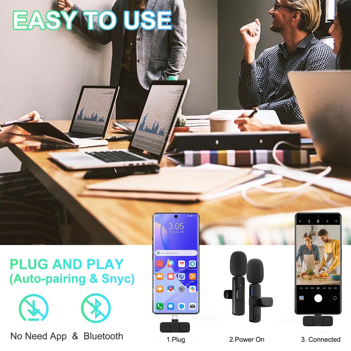 2 Pack Wireless Lavalier Microphone for iPhone, Professional Lapel Mics, Wireless Mic Plug-Play, Lapel Microphone for Video Recording Interview TikTok (USB C for Android iphone15/16)