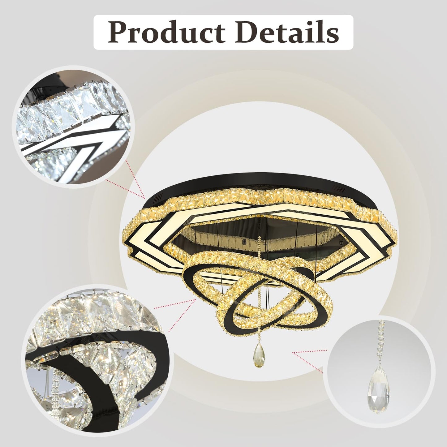 Flashing God Crystal Chandeliers Dia 32" Silver Elegant Chandelier Flush Mount Ceiling Light for Bedroom Living Room Dining Room Hallway Dimmable 3 Rings LED Celing Lighting Fixtures