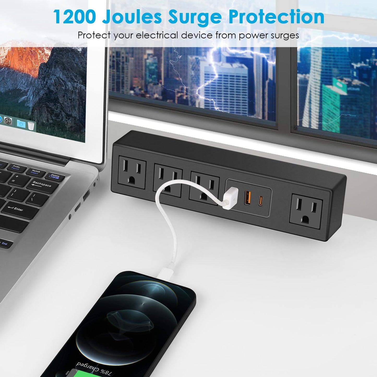 CCCEI Desk Clamp Power Strip with USB-A and USB-C Ports, Desktop Mount Surge Protector 1200J, Widely Spaced Desk Outlet Station, Fast Charging, 6 FT Flat Plug, Fit 1.9 inch Tabletop Edge. (Black)