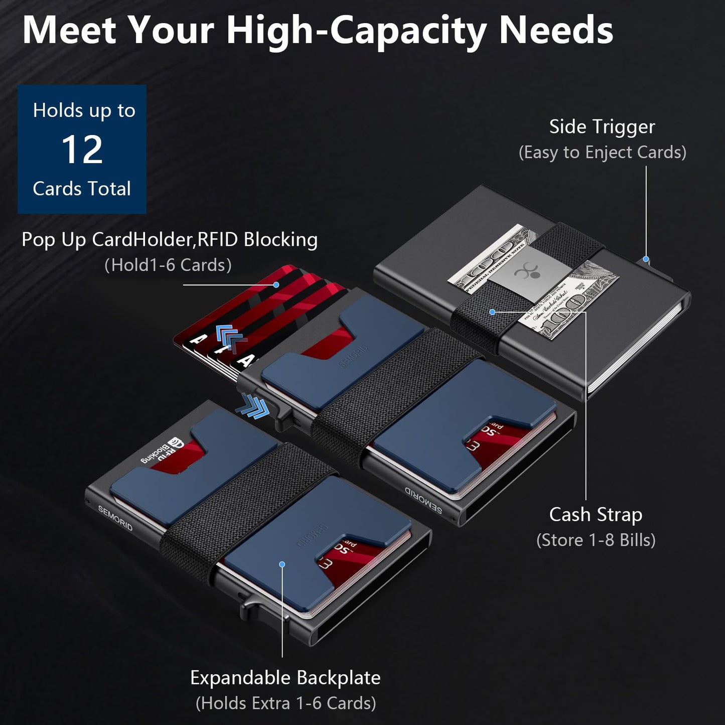 Slim Aluminum Card Holder Wallet for Men, Durable Expandable Backplate, RFID Blocking Minimalist Metal Pop Up Wallet, Holds 12+ Cards Plus Cash (Black)