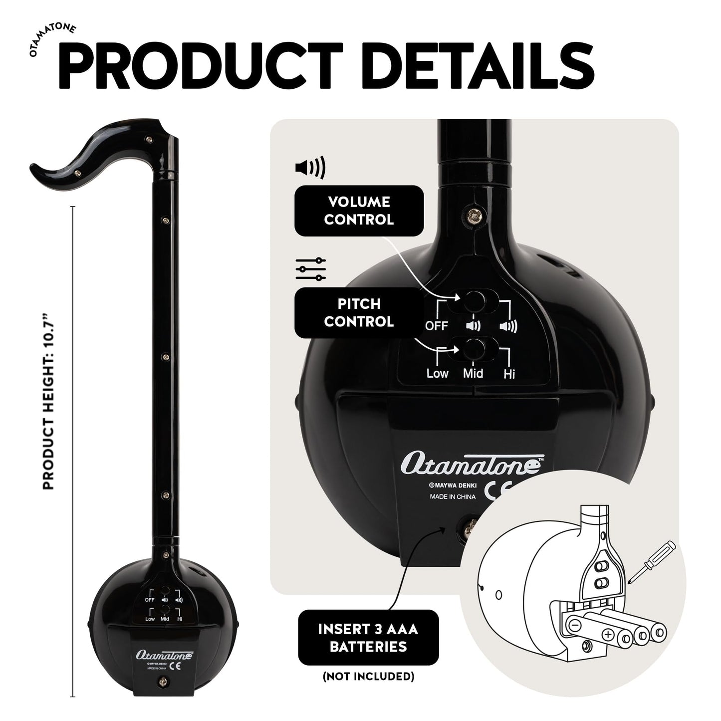 Otamatone Japanese Electronic Musical Instrument Portable Music Synthesizer from Japan by Maywa Denki Studio Award Winning, Educational Fun Gift for Children, Teens & Adults - Black