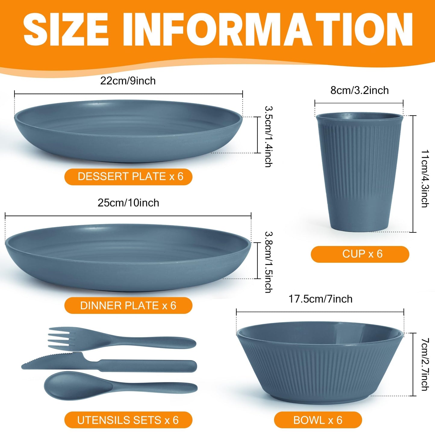42 Pieces Wheat Straw Dinnerware Set - OAMCEG Plastic Dinner Set for 6, Kitchen Plates and Bowls Set, College Dorm Microwave Dishes, Unbreakable Plastic Outdoor Camping Dishes, Black