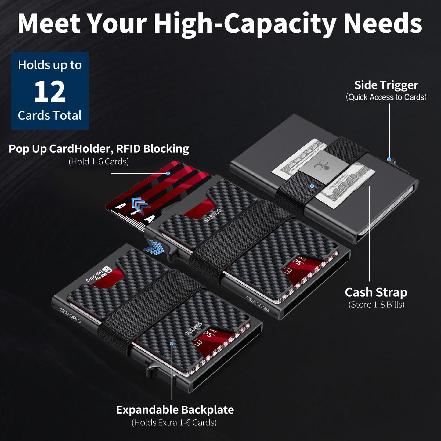 Slim Aluminum Card Holder Wallet for Men, Durable Expandable Backplate, RFID Blocking Minimalist Metal Pop Up Wallet, Holds 12+ Cards Plus Cash (Black)