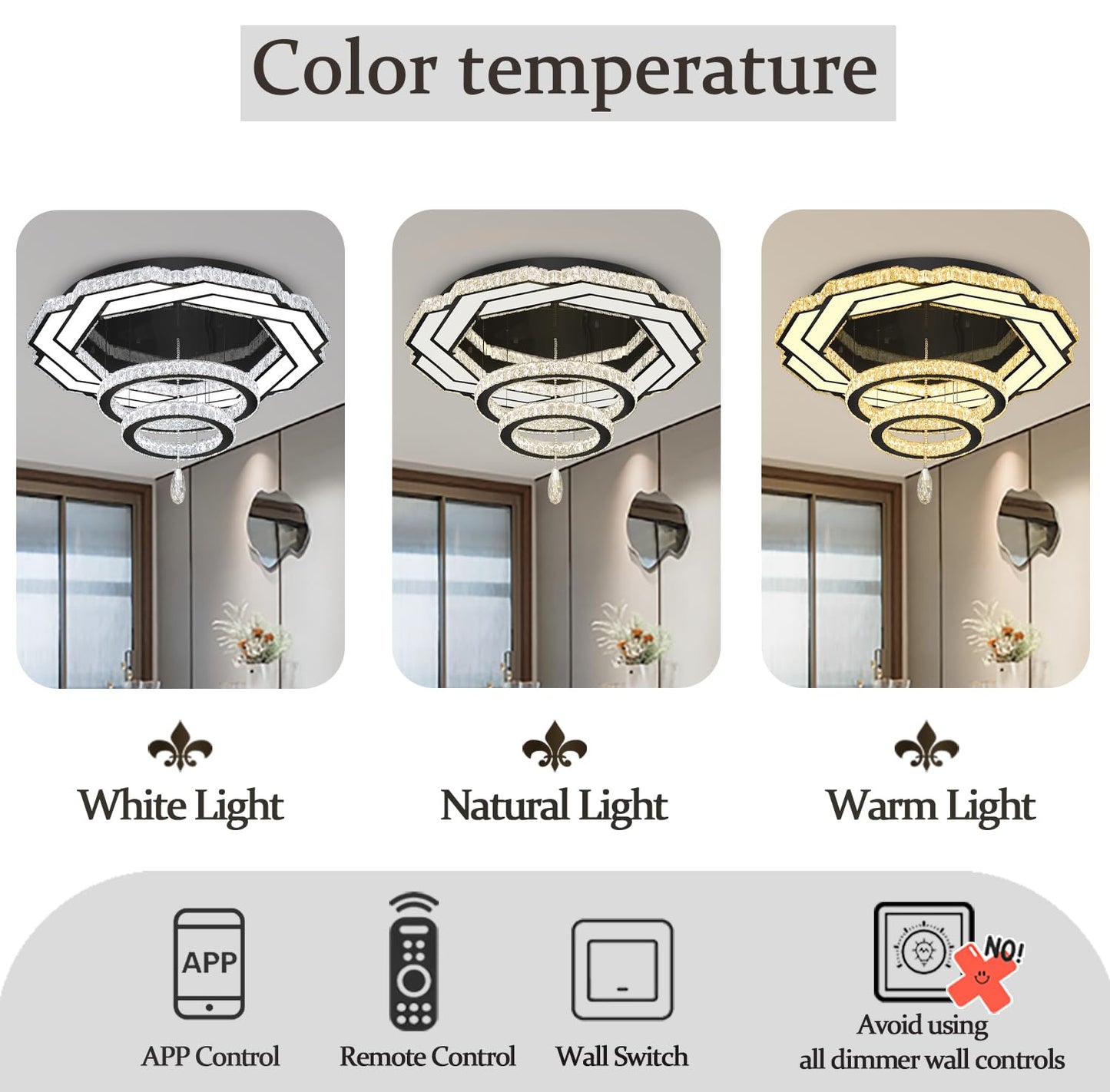 Flashing God Crystal Chandeliers Dia 32" Silver Elegant Chandelier Flush Mount Ceiling Light for Bedroom Living Room Dining Room Hallway Dimmable 3 Rings LED Celing Lighting Fixtures