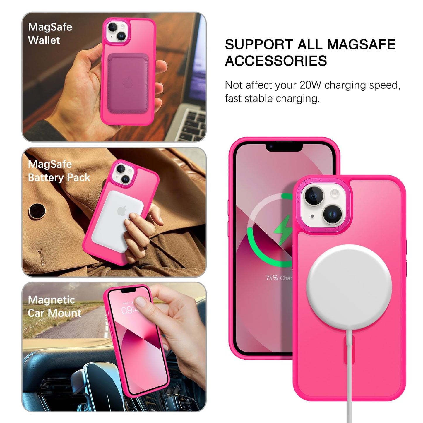 BENTOBEN Magnetic for iPhone 13 Case & iPhone 14 Case [Compatible with Magsafe] Translucent Matte Phone Case iPhone 13/14 Slim Fit Shockproof Women Men Protective Cover for iPhone 13/14 6.1", Hot Pink