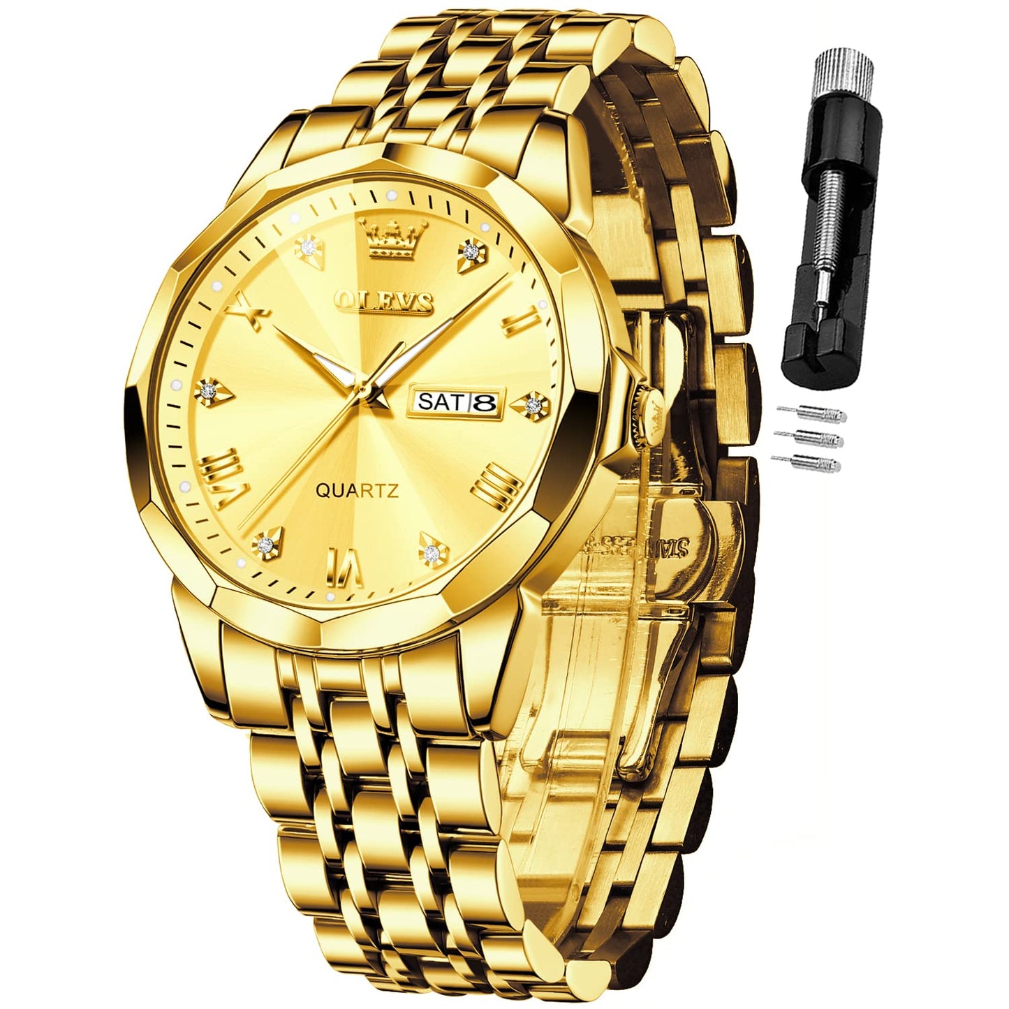 OLEVS Watch for Men Diamond Business Dress Analog Quartz Stainless Steel Waterproof Luminous Date Two Tone Luxury Casual Wrist Watch