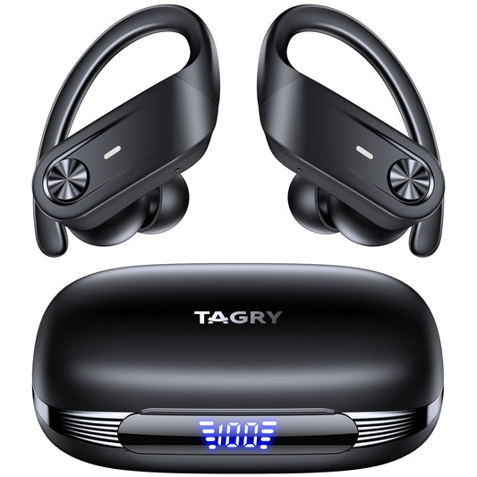 TAGRY Bluetooth Headphones Wireless Earbuds 80Hrs Playtime IPX7 Waterproof Digital Display Sport Ear Buds with Earhook Mic in-Ear Earphones Stereo Sound Earbud for Workout Running Exercise Gym Black