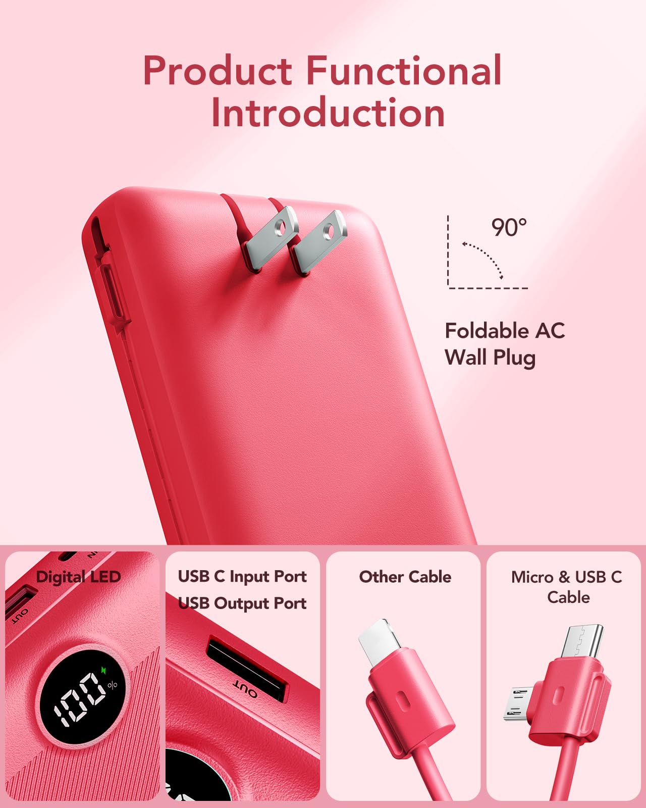 VRURC Power Bank 20000mAh, Fast Charging Portable Charger USB C,4 Output 2 Input Charging Bank Equipped with LED Display,Built-in Wall Plug and Cables,Cell Phone Replacement Battery,White