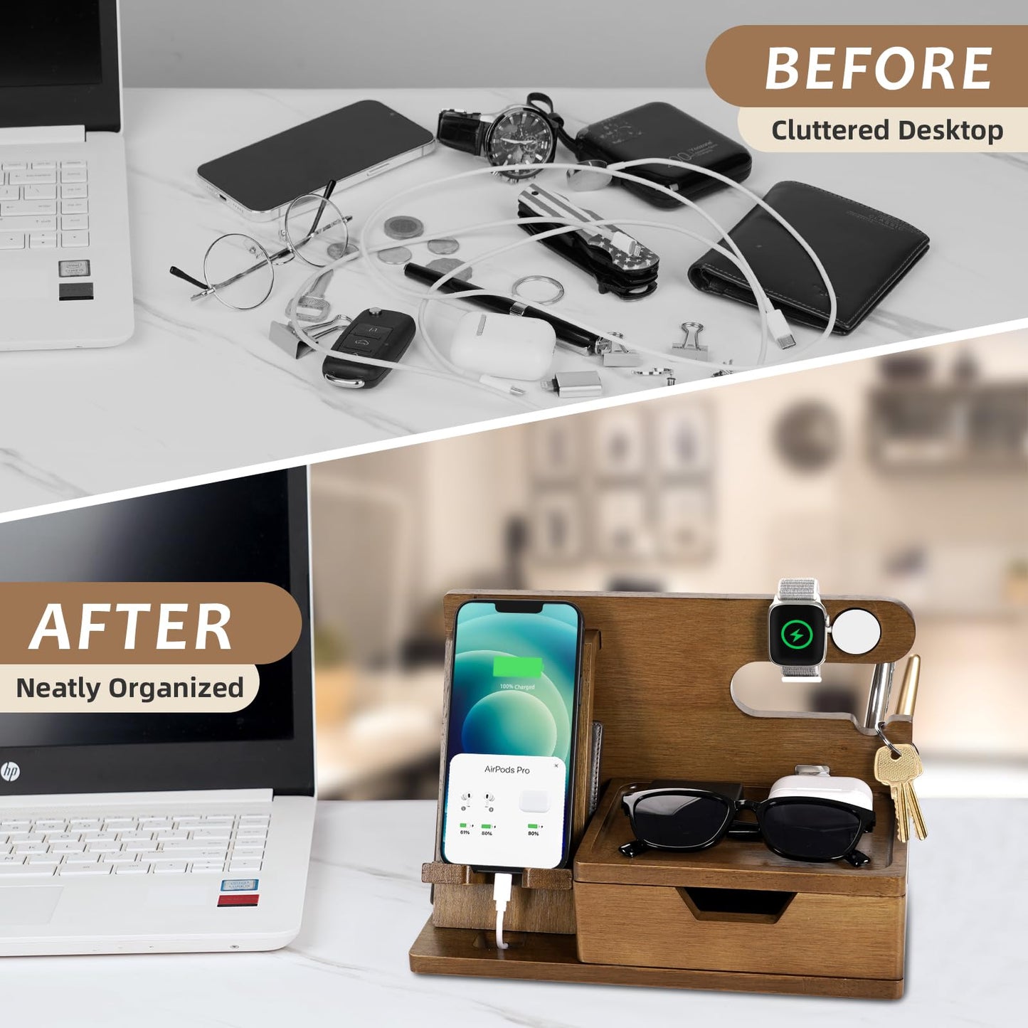 Gifts for Men Dad from Daughter Son Christmas, Wood Phone Docking Station with Drawer, Husband Birthday Gifts Him Boyfriend from Wife Anniversary Nightstand Organizer Xmas Stocking Stuffers