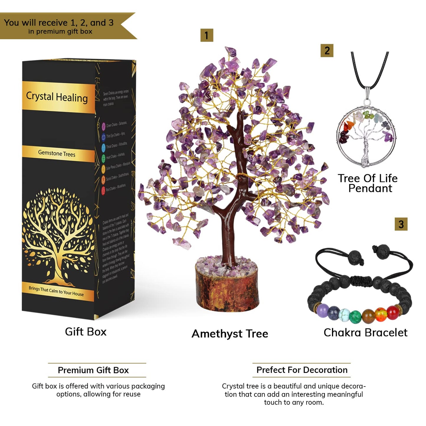 Seven Chakra Tree - Crystal Tree for Postive Energy - 7 Chakra Tree Of Life - Chakra Tree - Feng Shui Energy Crystals - Gemstone Tree - Fengshui Decor - Crystal Gifts - Housewarming Gift for Women