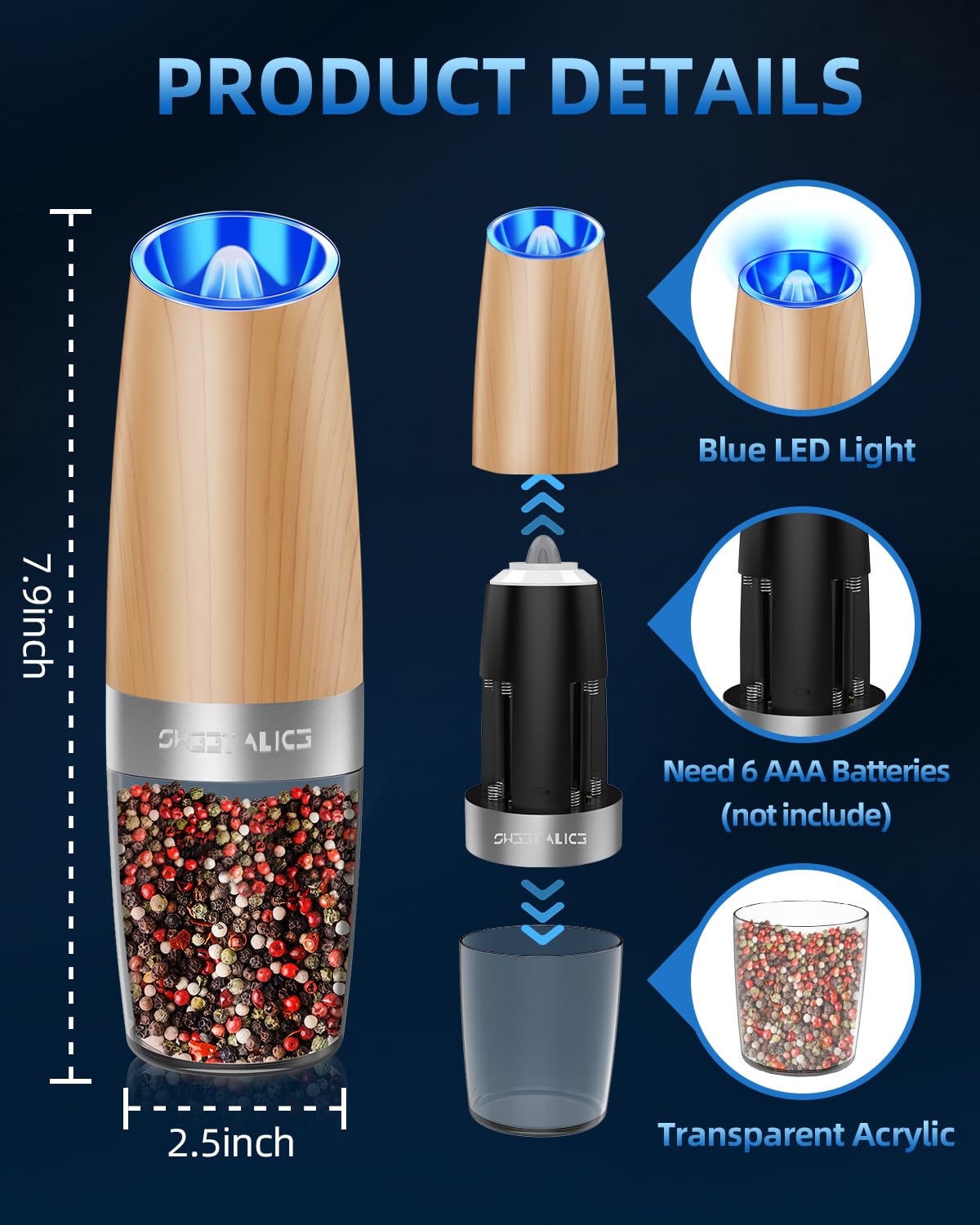 Gravity Electric Pepper and Salt Grinder Set, Salt and Pepper Mill & Adjustable Coarseness, Battery Powered with LED Light, One Hand Automatic Operation, Stainless Steel (Set/Silver)