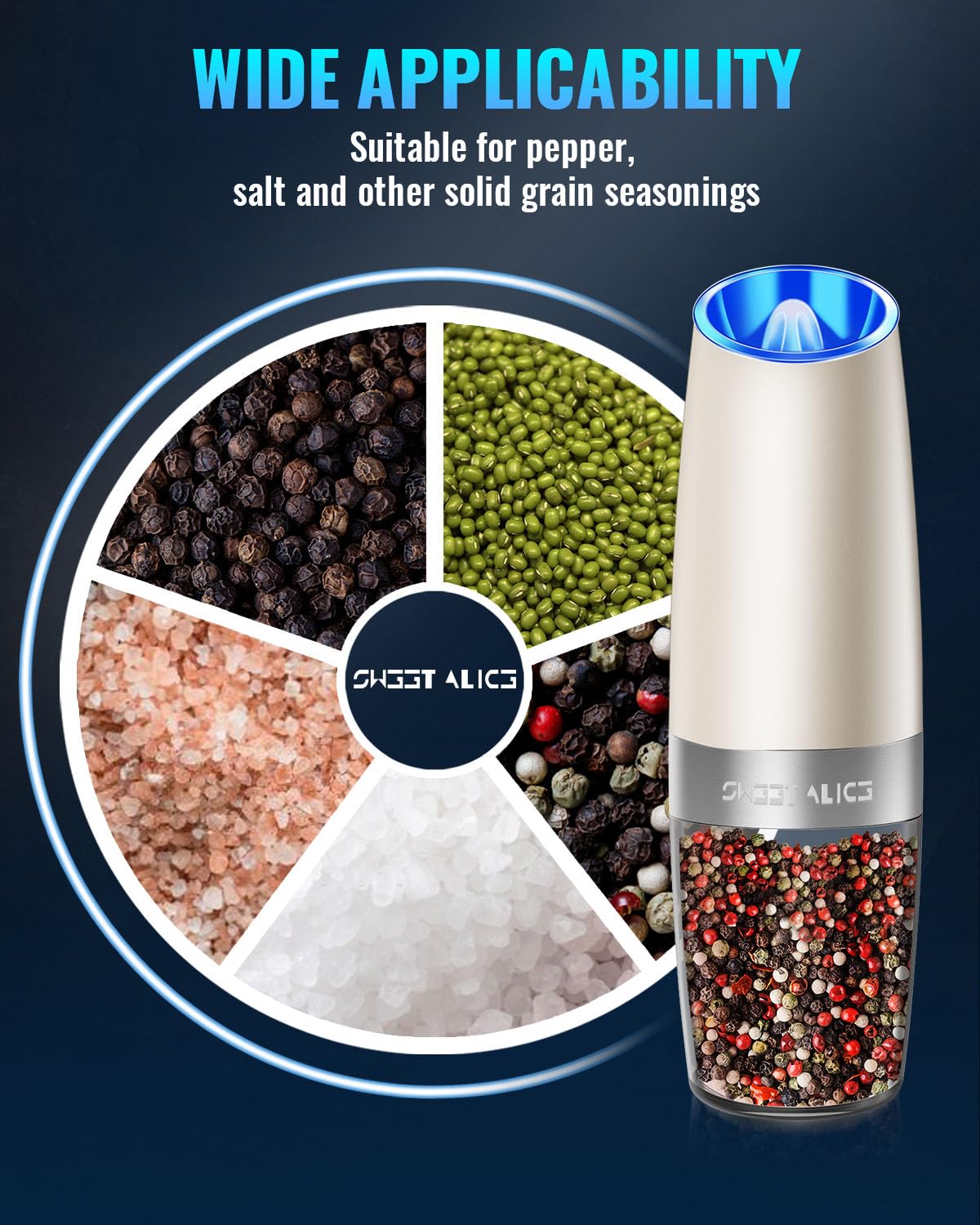Gravity Electric Pepper and Salt Grinder Set, Salt and Pepper Mill & Adjustable Coarseness, Battery Powered with LED Light, One Hand Automatic Operation, Stainless Steel (Set/Silver)