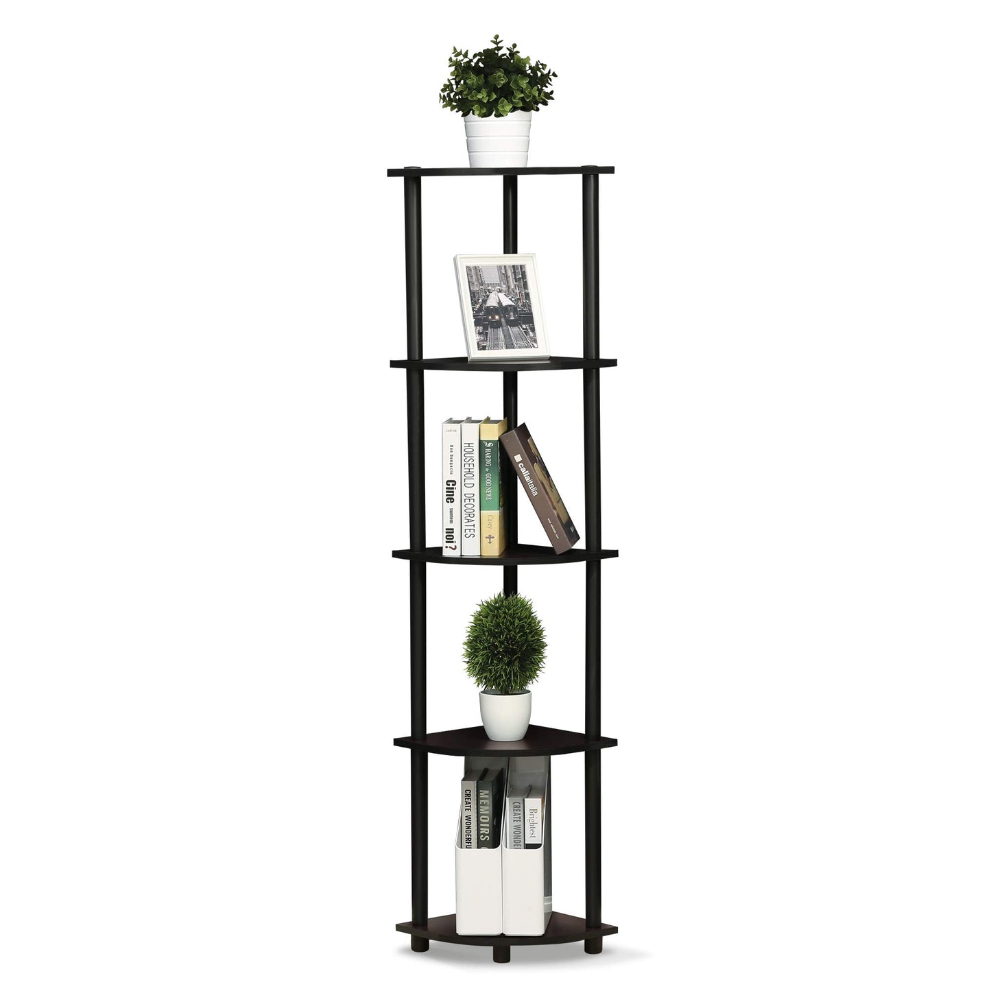 Furinno Turn-N-Tube 5 Tier Corner Display Rack Multipurpose Shelving Unit, 1-Pack, Espresso/Black
