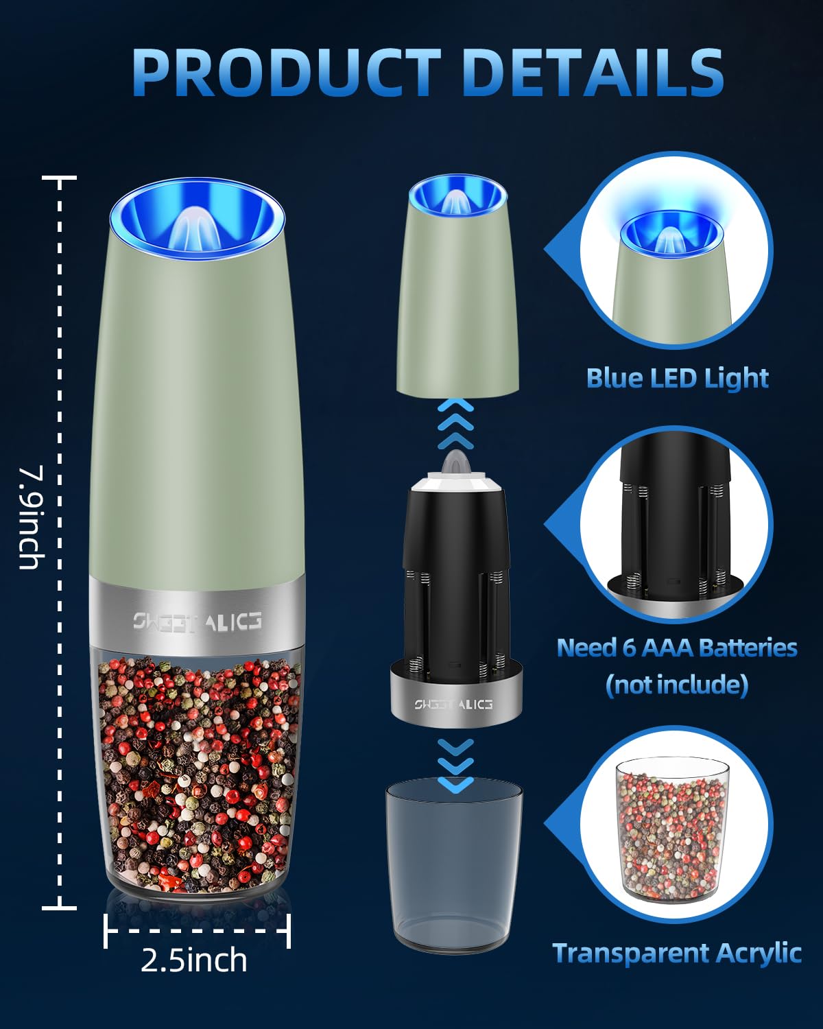 Gravity Electric Pepper and Salt Grinder Set, Salt and Pepper Mill & Adjustable Coarseness, Battery Powered with LED Light, One Hand Automatic Operation, Stainless Steel (Set/Silver)