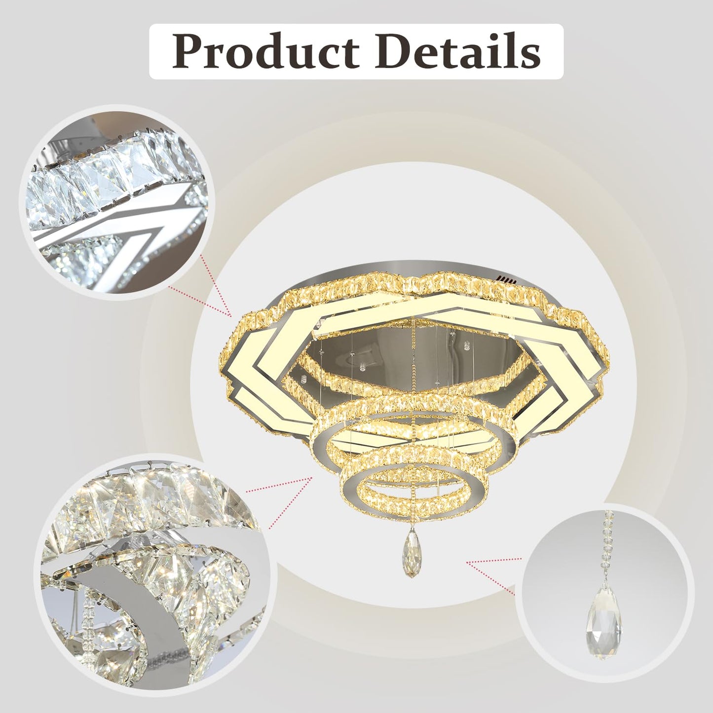 Flashing God Crystal Chandeliers Dia 32" Silver Elegant Chandelier Flush Mount Ceiling Light for Bedroom Living Room Dining Room Hallway Dimmable 3 Rings LED Celing Lighting Fixtures