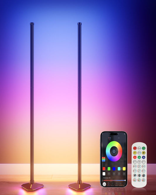 2PCS Floor Lamp with Illuminate Base, 50" RGB+IC Cool White LED Floor Lamp Color Changing 24V with Music Sync 16 Million DIY Colors Modern Smart Stand Lamp for Bedroom, Living Room, Studio