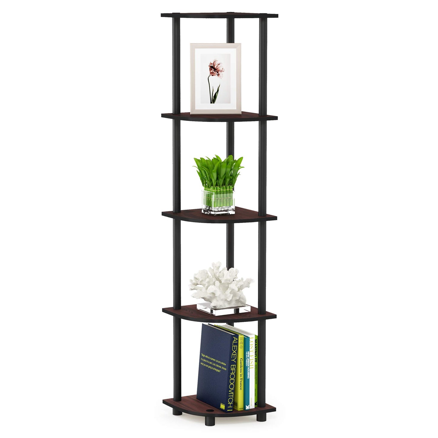 Furinno Turn-N-Tube 5 Tier Corner Display Rack Multipurpose Shelving Unit, 1-Pack, Espresso/Black