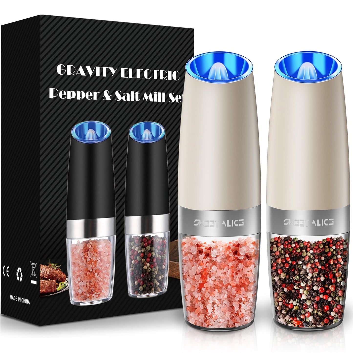 Gravity Electric Pepper and Salt Grinder Set, Salt and Pepper Mill & Adjustable Coarseness, Battery Powered with LED Light, One Hand Automatic Operation, Stainless Steel (Set/Silver)
