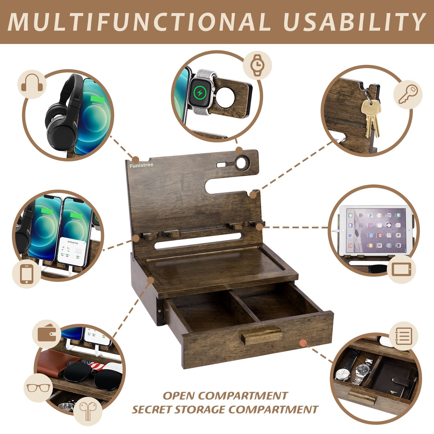 Gifts for Men Dad from Daughter Son Christmas, Wood Phone Docking Station with Drawer, Husband Birthday Gifts Him Boyfriend from Wife Anniversary Nightstand Organizer Xmas Stocking Stuffers