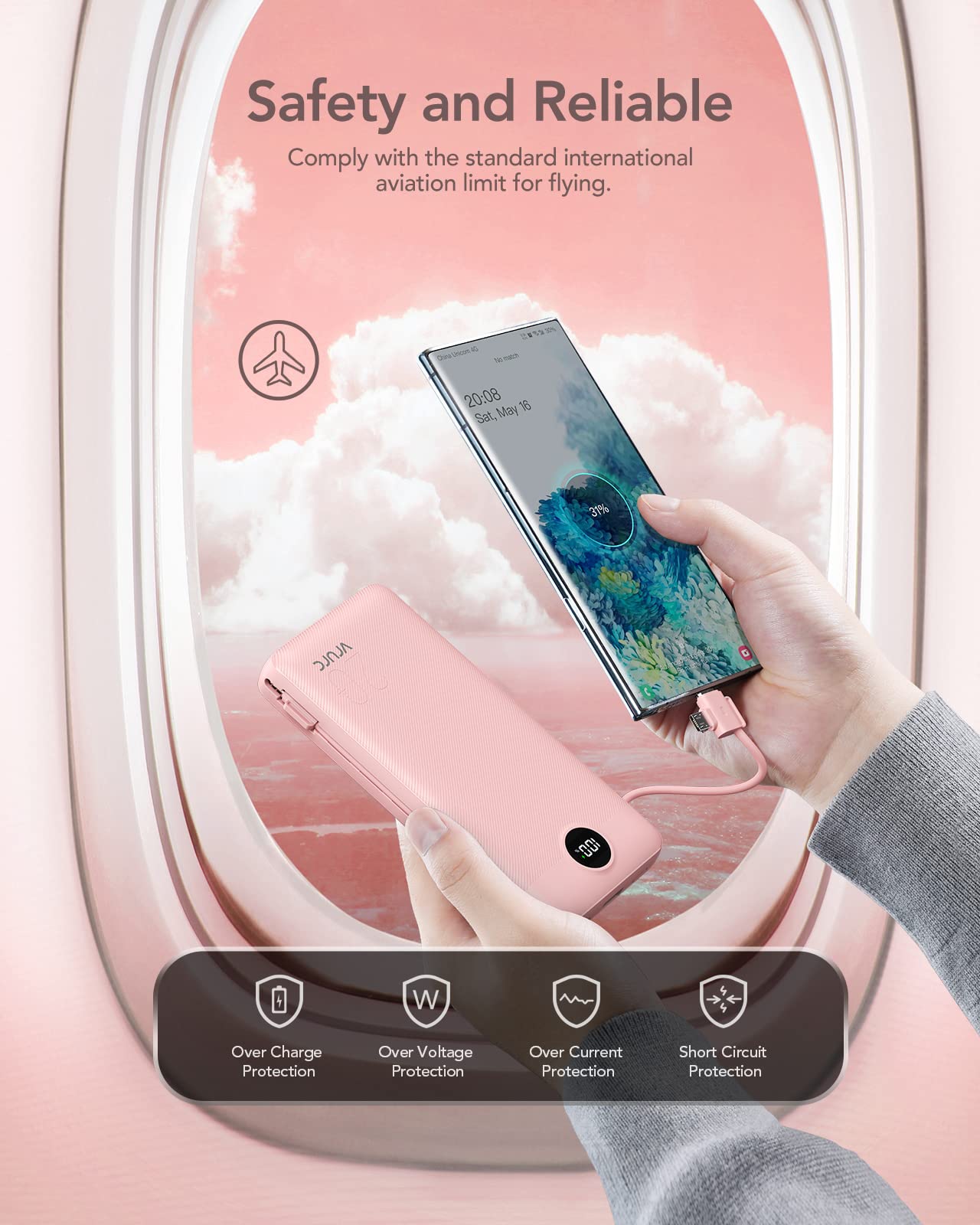 VRURC Power Bank 20000mAh, Fast Charging Portable Charger USB C,4 Output 2 Input Charging Bank Equipped with LED Display,Built-in Wall Plug and Cables,Cell Phone Replacement Battery,White