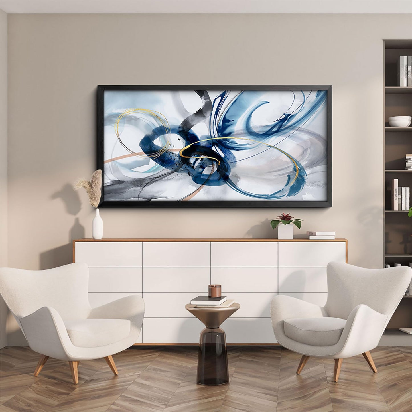 yiijeah Wall Art for Living Room - Framed Picture Artwork for Walls - Blue Wall Art 24x48 Inches Contemporary Abstract Wall Art Prints Canvas Painting Large Size Wall Art for Bedroom Office