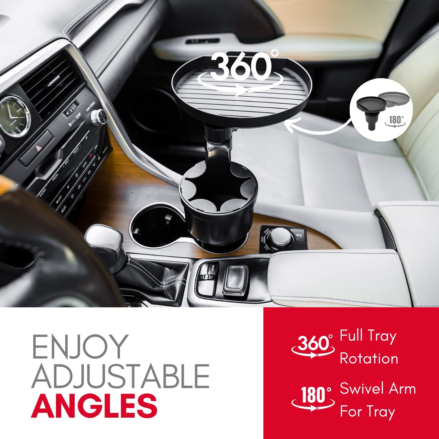 Macally Cup Holder Tray for Car - Adjustable Car Tray Table - Perfect Car Food Tray for Eating with Phone Slot and Swivel Arm - Car Organizer