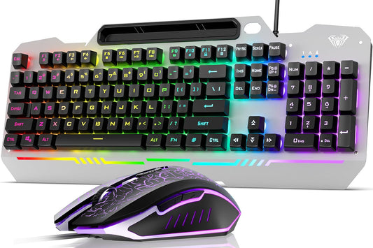 AULA Keyboard, T102 104 Keys Gaming Keyboard and Mouse Combo with RGB Backlit Quiet Computer Keyboard, All-Metal Panel, Waterproof Light Up PC Keyboard, USB Wired Keyboard Gaming for MAC Xbox PC Gamer