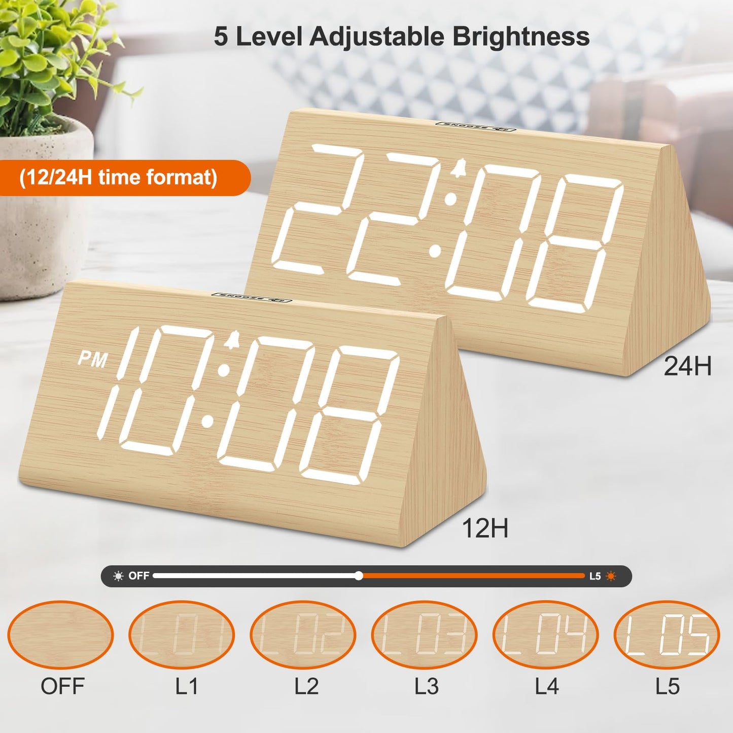 DreamSky Wooden Digital Alarm Clocks for Bedrooms - Electric Desk Clock with Large Numbers, USB Port, Loud Alarm for Heavy Sleepers, Adjustable Volume, Dimmer, Snooze, DST, 12/24H, Wood Décor (Brown)