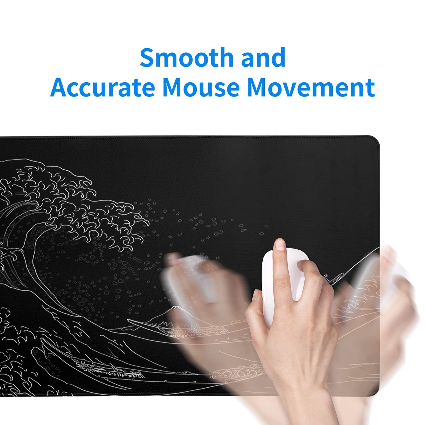 Japanese Sea Wave Large Mouse Pad, Anime Black Gaming, Extended Kanagawa Mat Desk Pad, 3mm Thick Long Non-Slip Rubber Base Mice Pad, 31.5 X 11.8 Inch