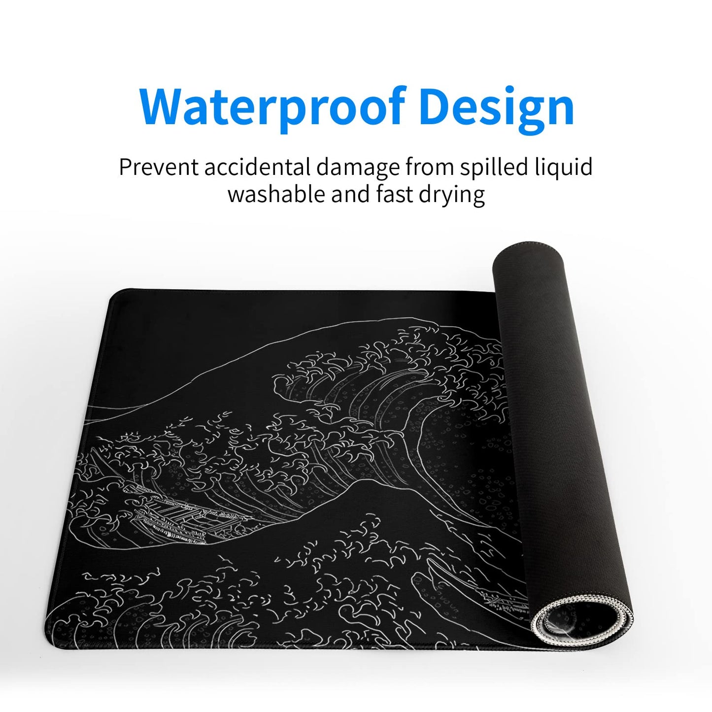 Japanese Sea Wave Large Mouse Pad, Anime Black Gaming, Extended Kanagawa Mat Desk Pad, 3mm Thick Long Non-Slip Rubber Base Mice Pad, 31.5 X 11.8 Inch