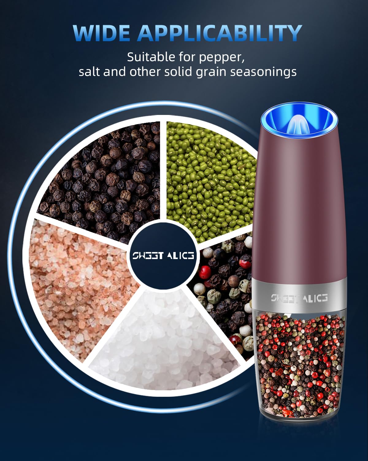 Gravity Electric Pepper and Salt Grinder Set, Salt and Pepper Mill & Adjustable Coarseness, Battery Powered with LED Light, One Hand Automatic Operation, Stainless Steel (Set/Silver)