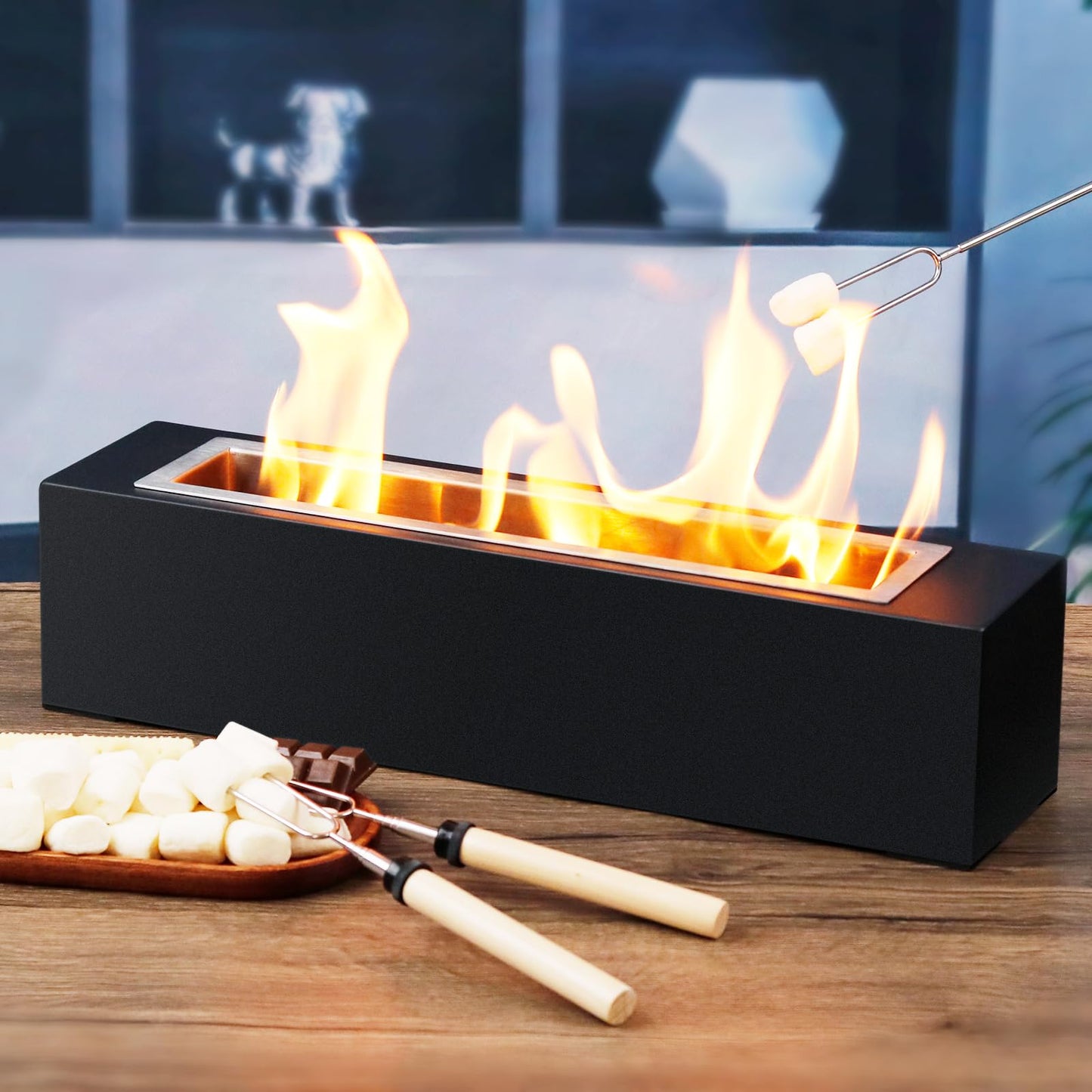 2024 New Tabletop Fire Pit,Woodgrain Portable Table Top Firepit Outdoor Indoor Table top Fireplace Smores Maker for Family Dinner Party Patio Balcony Backyard Housewarming Table Decor
