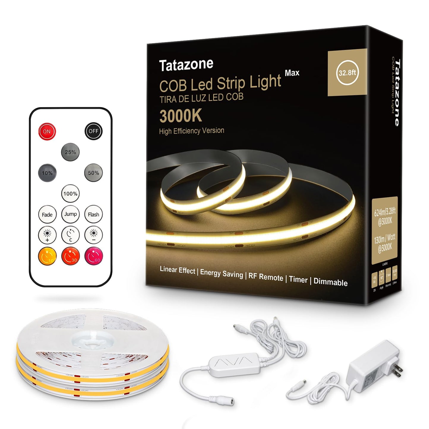 White COB Led Strip Lights Max with RF Remote, 16.4ft 3000K Dimmable Ultra Bright Warm White COB Light Strip, Adhesive Indoor COB Led Lights for Living Room, Shelf, Cabinet