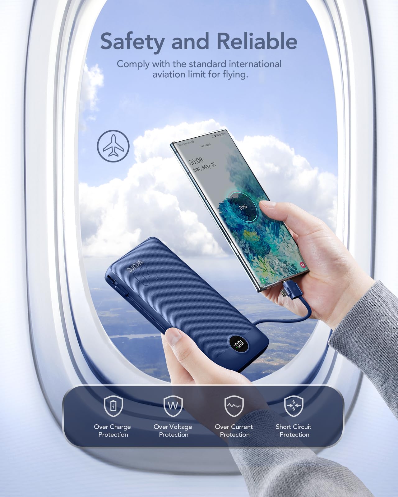 VRURC Power Bank 20000mAh, Fast Charging Portable Charger USB C,4 Output 2 Input Charging Bank Equipped with LED Display,Built-in Wall Plug and Cables,Cell Phone Replacement Battery,White