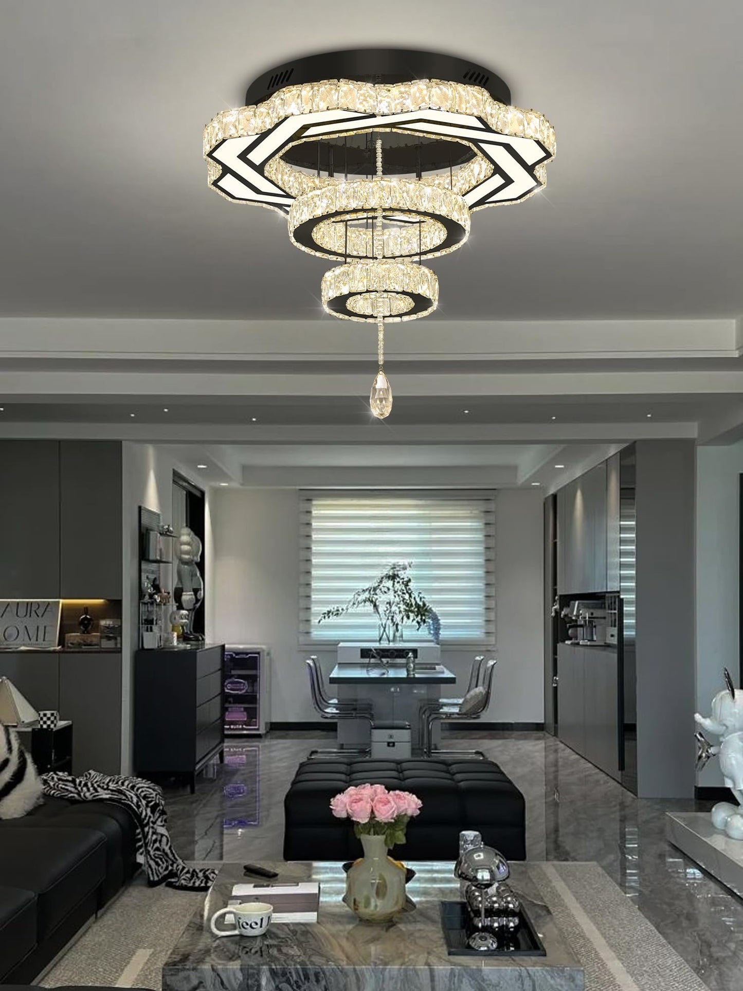 Flashing God Crystal Chandeliers Dia 32" Silver Elegant Chandelier Flush Mount Ceiling Light for Bedroom Living Room Dining Room Hallway Dimmable 3 Rings LED Celing Lighting Fixtures