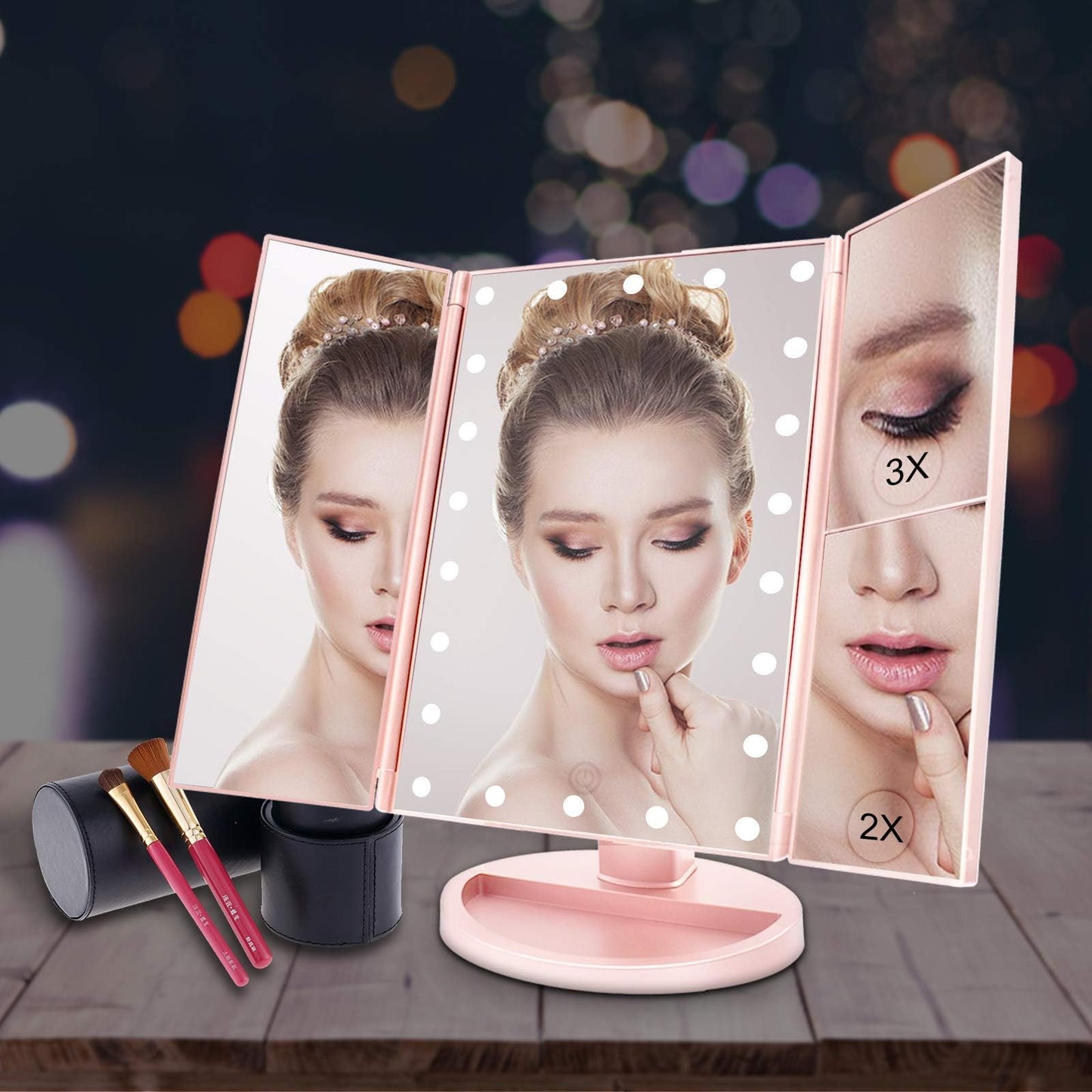 WEILY Makeup Mirror with 21 LED Lights,Two Power Supply Modes, Adjustable Touch Screen and 1x/2x/3x Magnification Tri-Fold Vanity Mirror,Chargeable Travel Cosmetic Mirror for Desktop(White)
