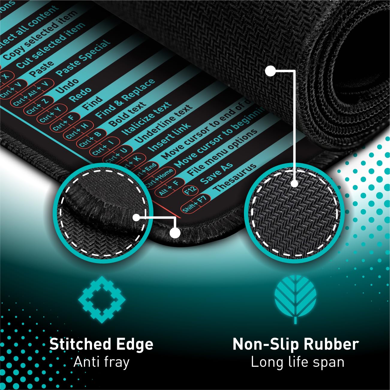 Excel Shortcut Keys Mouse Pad - Extended Large XL Cheat Sheet Gaming Mousepad | PC Office Spreadsheet Keyboard Mat | Non-Slip Stitched Edge