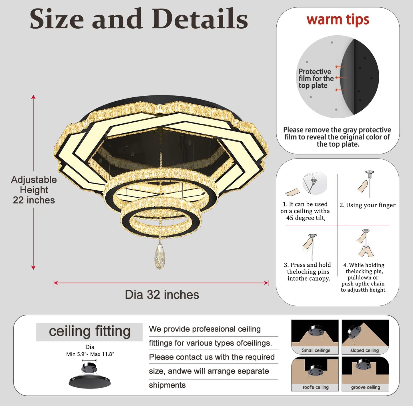 Flashing God Crystal Chandeliers Dia 32" Silver Elegant Chandelier Flush Mount Ceiling Light for Bedroom Living Room Dining Room Hallway Dimmable 3 Rings LED Celing Lighting Fixtures